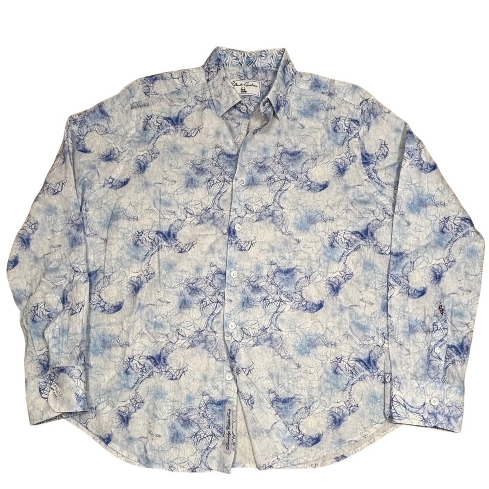 Robert Graham Shirt Mens Size XL Classic Fit Linen Blue Floral Skull Long Sleeve